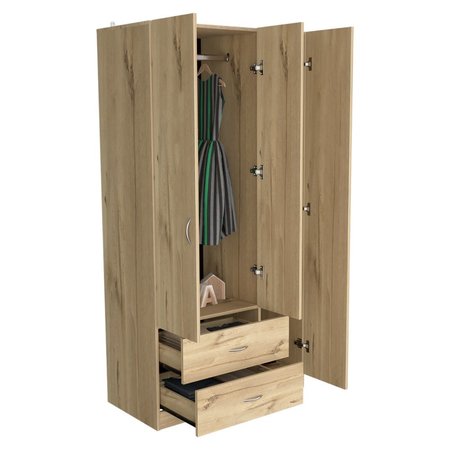 Tuhome Austral 3 Door Armoire with Drawers, Shelves, and Hanging Rod, Light Oak/Black CDW6598